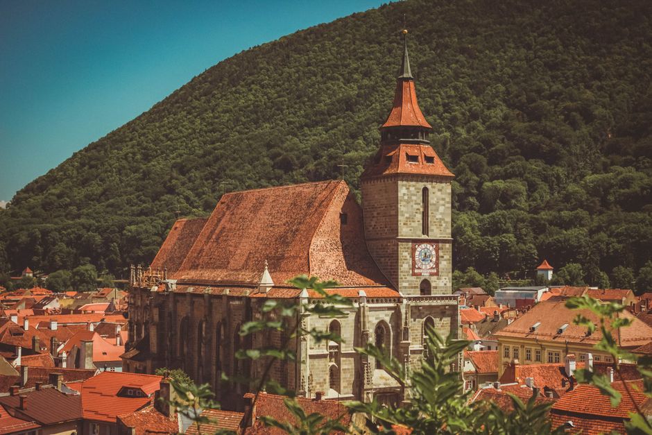 A stunning view of the Black Church, a gothic architectural masterpiece in Brașov, Romania.