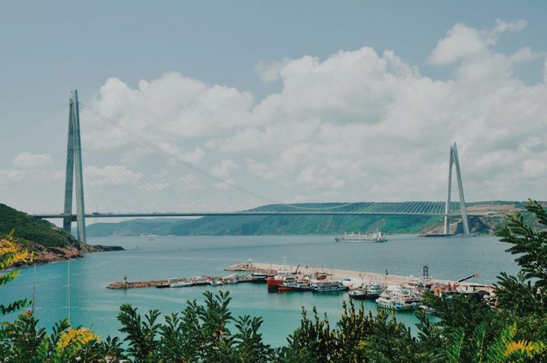 A beautiful view of the Bosphorus Bridge and harbor with boats against a clear sky.