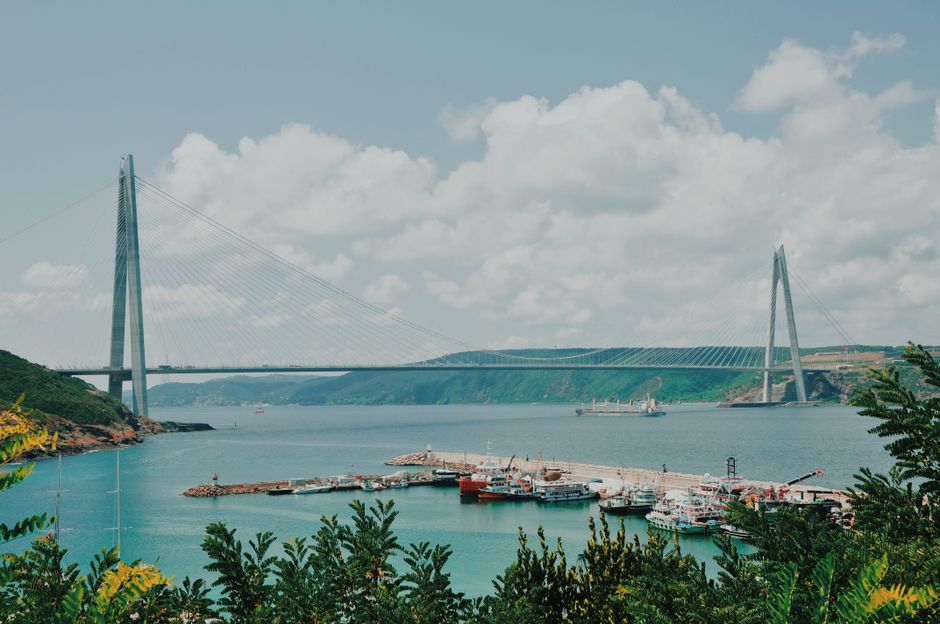 A beautiful view of the Bosphorus Bridge and harbor with boats against a clear sky.