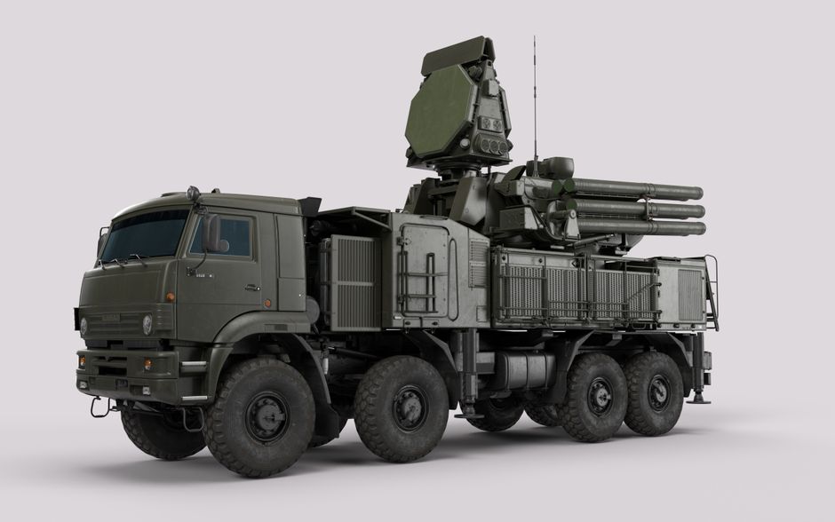 High-resolution image of a military anti-aircraft vehicle in a studio setting.