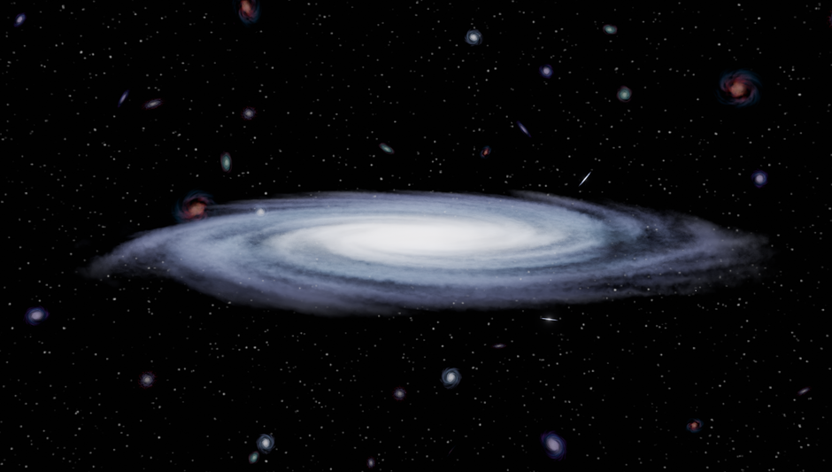 Illustration of a spiral galaxy surrounded by stars and galaxies in deep space, showcasing cosmic beauty.