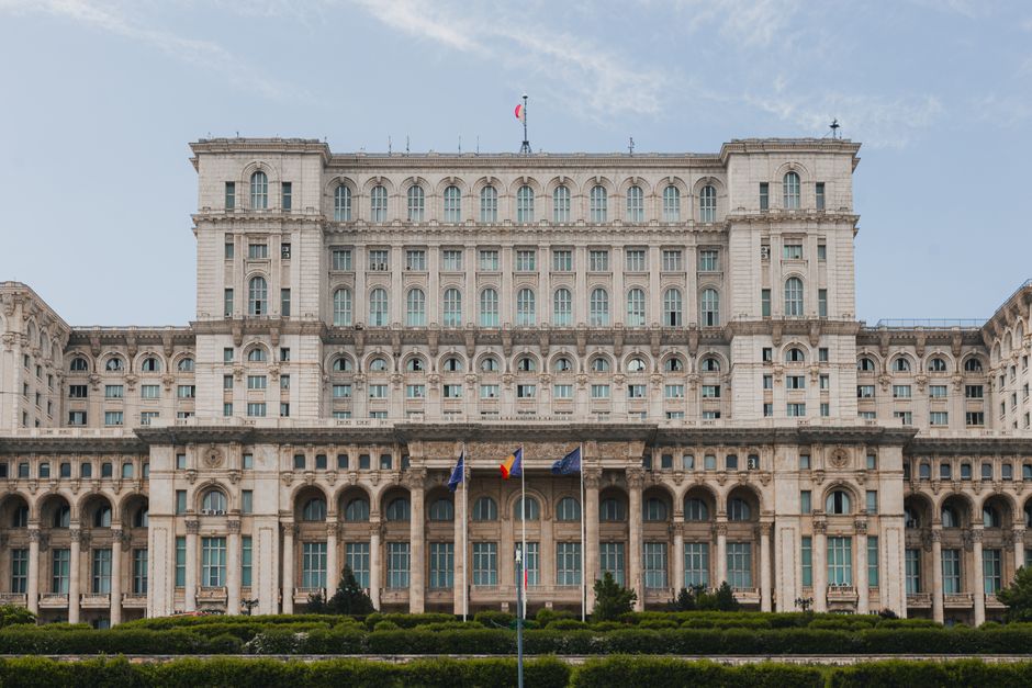 Front view of the grand Palace of the Parliament in Bucharest, Romania.