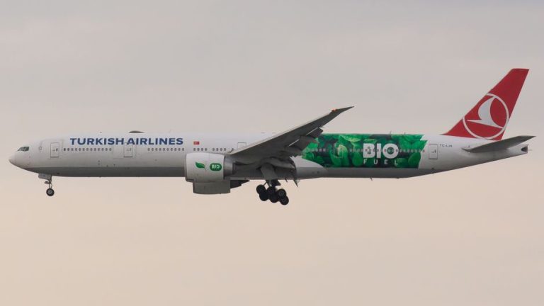 Turkish Airlines aircraft promoting biofuel technology in flight.