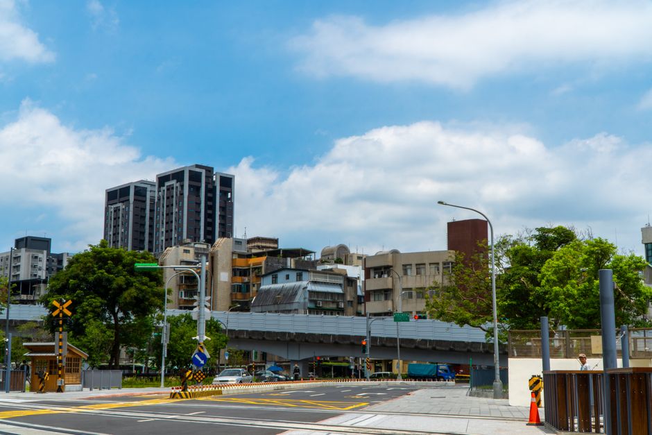 Vibrant cityscape of Taipei showing a busy intersection with modern buildings under a blue sky.