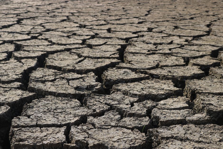 Aerial view of cracked, dry ground representing drought and environmental stress.
