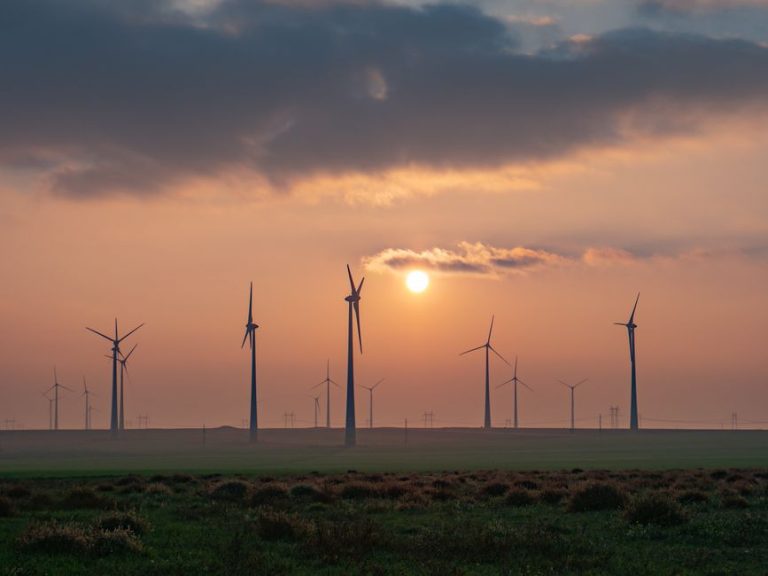 A serene landscape of wind turbines in Romania during sunset, symbolizing renewable energy and sustainability.