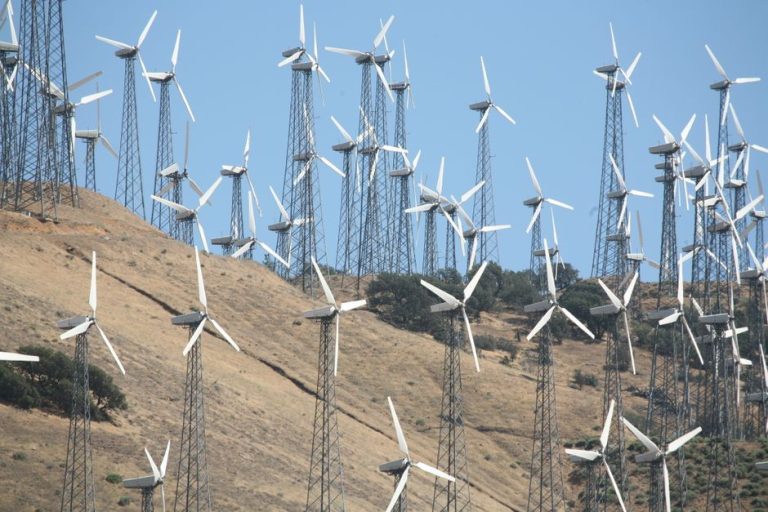 A large wind farm with numerous turbines on a sunlit hillside, promoting renewable energy.