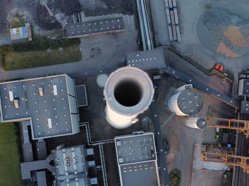 Aerial shot of a power station in Esbjerg, Denmark, showcasing industrial infrastructure.