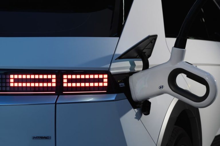 Close-up of a Hyundai Ioniq 5 charging, showcasing sustainability and innovation.