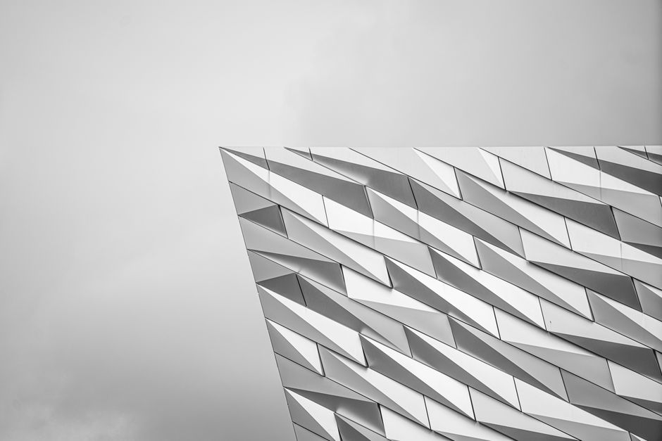 Abstract architectural detail of the Titanic Belfast building in Northern Ireland.