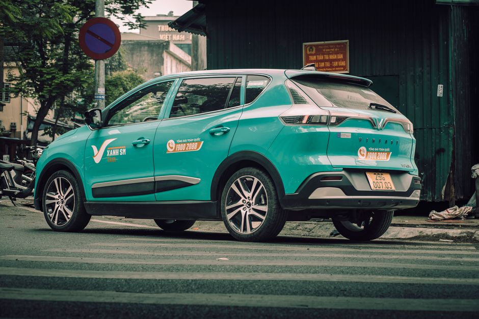 VinFast car parked on a city street in Vietnam with a focus on urban vehicle visuals.