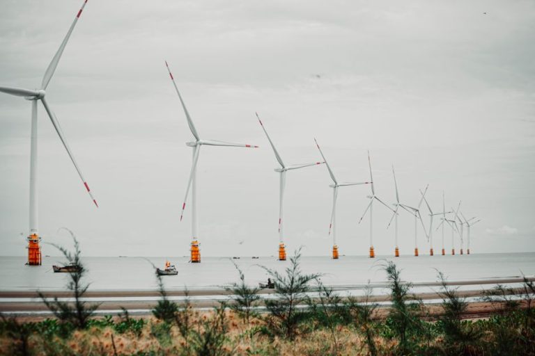 Scenic view of offshore wind turbines lined up in calm sea setting with vegetation in foreground.