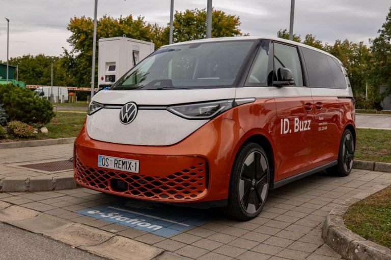 Volkswagen ID. Buzz electric van parked at charging station in Osijek, Croatia.