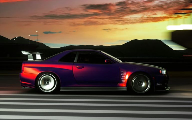 A sleek midnight purple sports car speeds on a highway in Pippu, Hokkaido at twilight, with a stunning sunset backdrop.
