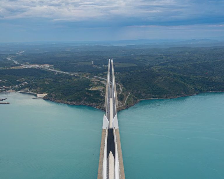 A stunning aerial view of the Yavuz Sultan Selim Bridge spanning the Bosphorus Strait in Türkiye.