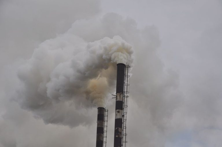 Two smokestacks releasing dense smoke into the overcast sky, highlighting industrial pollution.