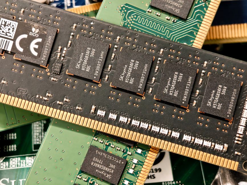 Detailed image of computer RAM modules with visible SK Hynix chips, perfect for technology content.