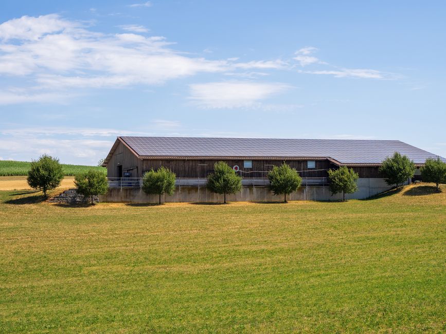 A solar-powered barn in a sunny rural landscape with green fields.