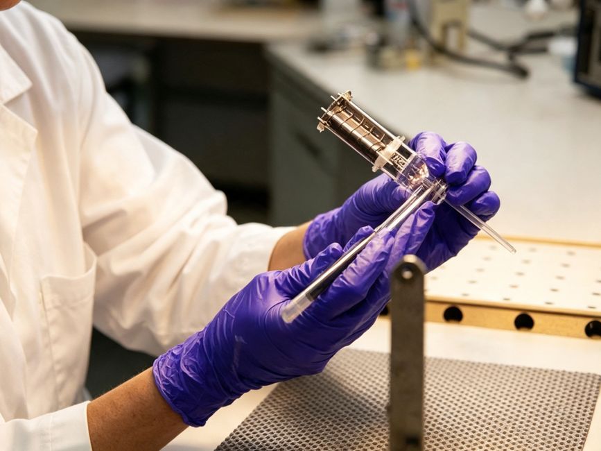 Close-up of a scientist in gloves testing a vacuum tube in a laboratory environment.