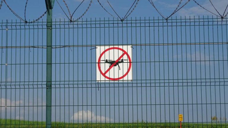 A 'No Drones' sign on a barbed wire fence in Morawica, Poland.