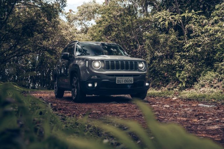 A rugged SUV navigates a dirt road surrounded by lush green trees in São Paulo, Brazil.