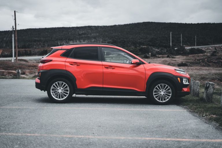 Red SUV parked outdoors on a cloudy day, showcasing sleek design and vibrant color.