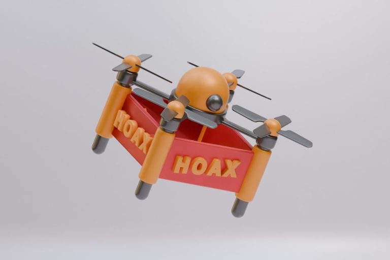 3D rendered drone carrying a 'hoax' banner, symbolizing misinformation. Clean, minimalist design.
