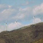 Scenic view of wind turbines generating renewable energy on a mountain in Dikella, Greece.