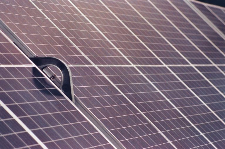 Detailed view of solar panels harnessing clean energy through photovoltaic technology.