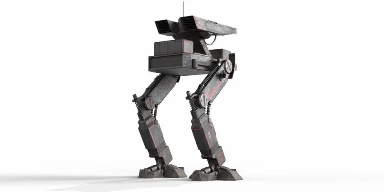 A robotic walker featuring a sleek design and mechanical limbs, set against a white backdrop.