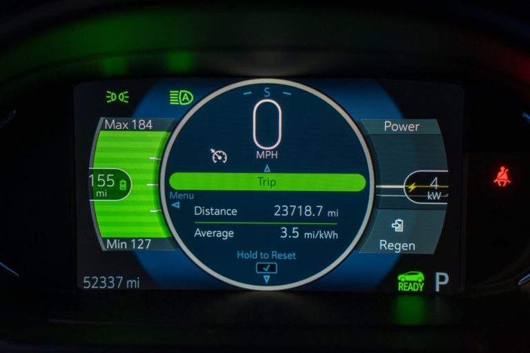 Detailed view of an electric vehicle's dashboard showing speed, battery range, and power metrics.