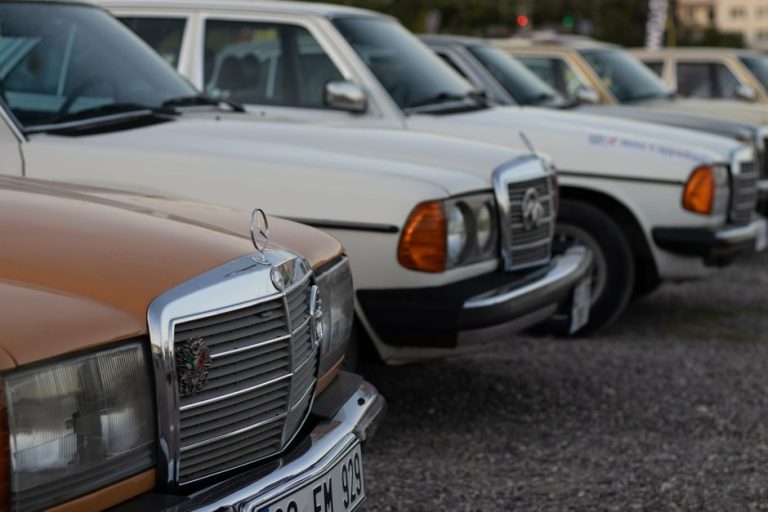 Lineup of classic Mercedes-Benz cars featuring vintage models at an outdoor car show.
