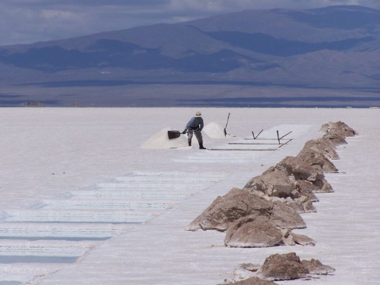 A worker in Salta, Argentina, shoveling salt on expansive salt flats under a clear sky.