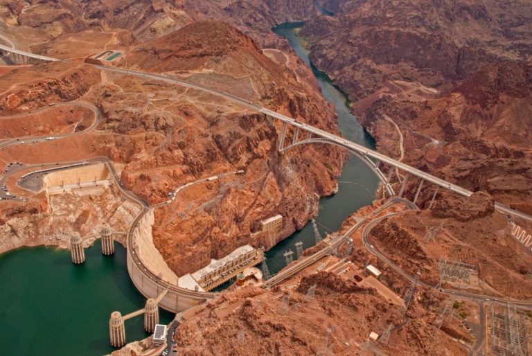 Breathtaking aerial view of Hoover Dam and surrounding landscape in Nevada, USA.