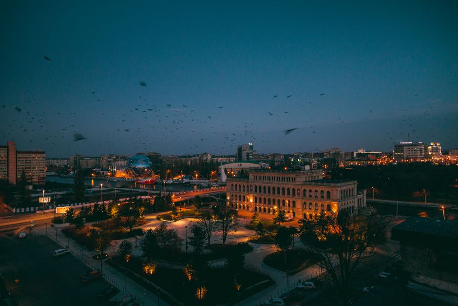 Twilight city view with illuminated buildings and a flock of birds in the evening sky.