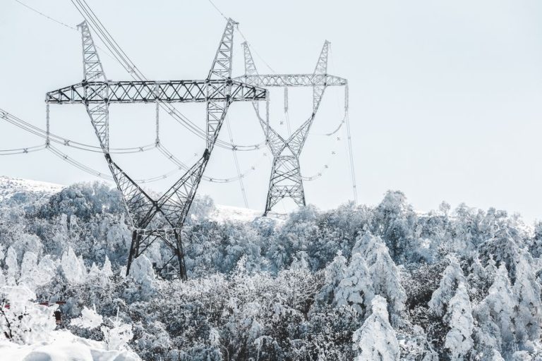 A scenic view of transmission towers amidst snow-covered trees during winter.