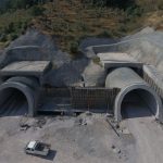 High-angle view of a construction site with two tunnels in Çanakkale, Turkey.