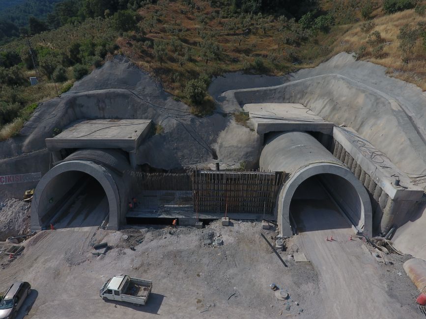 High-angle view of a construction site with two tunnels in Çanakkale, Turkey.