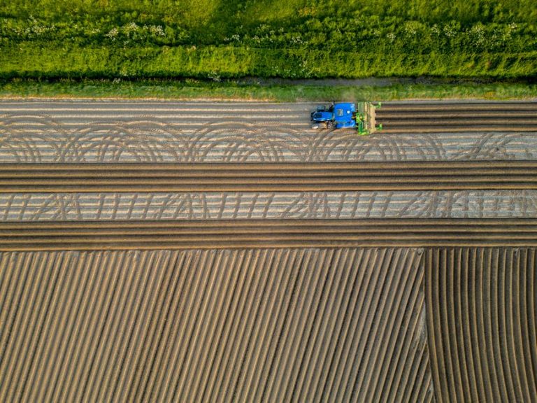 Drone shot capturing a blue tractor plowing expansive farmland in Breskens, Netherlands with vibrant patterns.