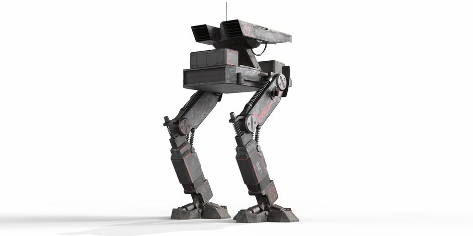 A robotic walker featuring a sleek design and mechanical limbs, set against a white backdrop.