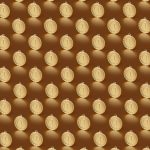 Multiple gold medals arranged in a repeating pattern on a brown backdrop.