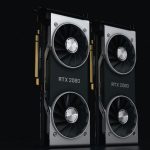 Close-up of two NVIDIA RTX 2080 graphics cards with dual fans, high-performance hardware.