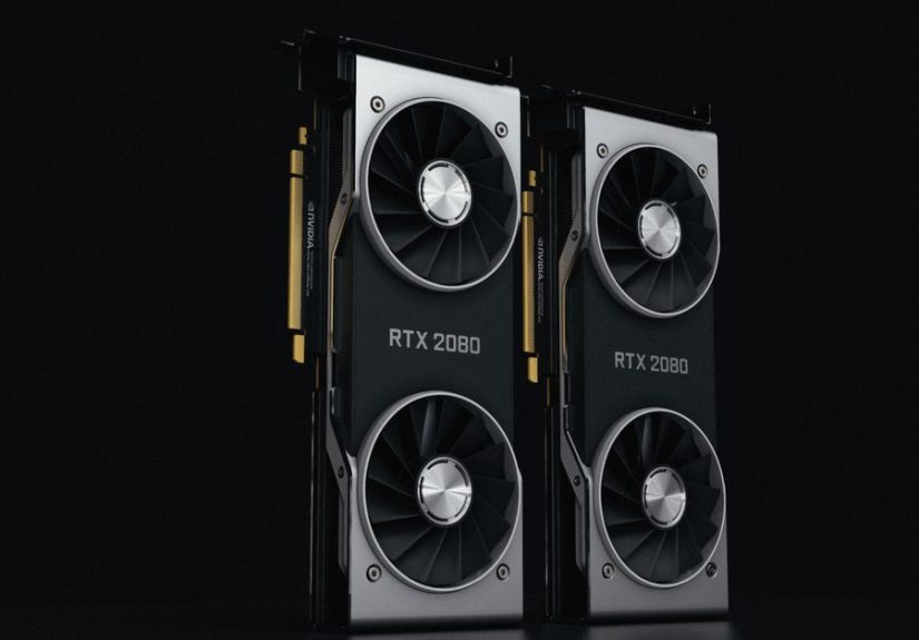 Close-up of two NVIDIA RTX 2080 graphics cards with dual fans, high-performance hardware.