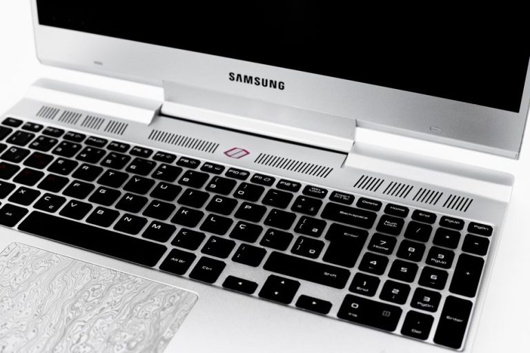 High-resolution close-up image of a Samsung laptop with a sleek keyboard design.